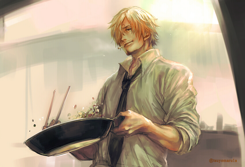 1boy blonde_hair cigarette closed_mouth collared_shirt cooking eyebrows facial_hair food hair_over_one_eye holding indoors light_smile looking_down male_focus mouth_hold one_piece sanji shirt short_hair sleeves_rolled_up smoke smoking standing tsuyomaru upper_body white_shirt wing_collar wok