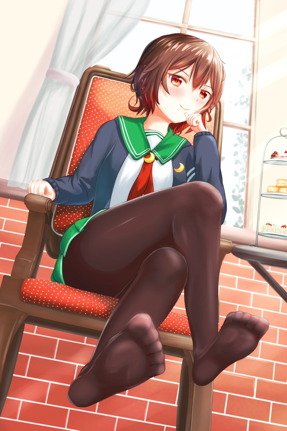 black_legwear brown_eyes brown_hair cake chair crescent crescent_moon_pin curtains food green_skirt highres jacket kantai_collection legs_crossed long_sleeves macaron mutsuki_(kantai_collection) neckerchief pantyhose pastry plate remodel_(kantai_collection) sabakuomoto sailor_collar school_uniform short_hair sitting skirt table tray window