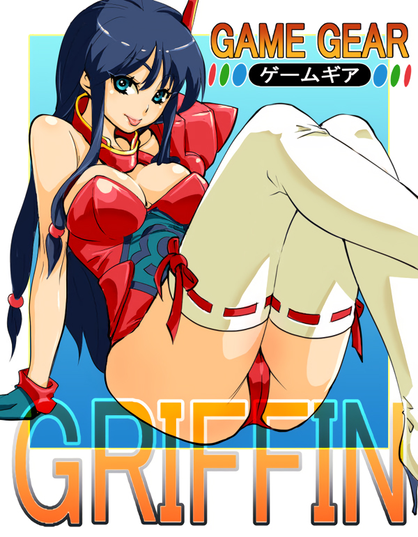 1girl :p black_hair blue_eyes breasts cleavage handheld_game_console large_breasts leotard long_hair looking_at_viewer ribbon-trimmed_legwear ribbon_trim sega_game_gear sidelocks solo thigh-highs tongue tongue_out white_legwear