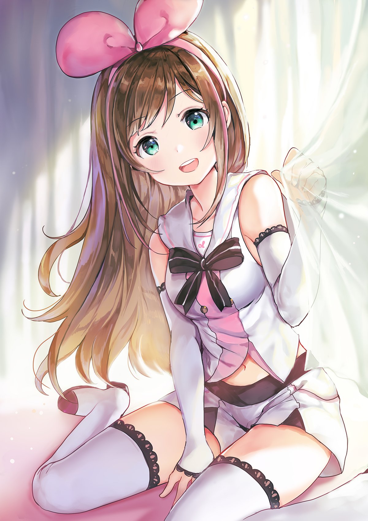 1girl :d a.i._channel bare_shoulders between_legs black_neckwear blush boots bow bowtie breasts brown_hair commentary_request curtains detached_sleeves eyebrows_visible_through_hair hair_bow hairband hand_between_legs hand_up head_tilt highres kizuna_ai long_hair looking_at_viewer medium_breasts multicolored_hair open_mouth pink_bow sailor_collar school_uniform serafuku shirt short_shorts shorts sibyl sleeveless sleeveless_shirt smile solo streaked_hair thigh-highs thigh_boots white_footwear white_sailor_collar white_shorts