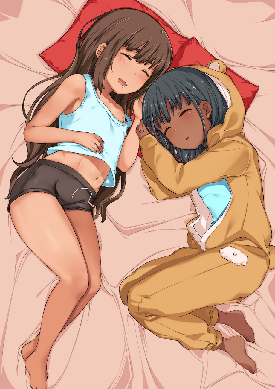 2girls animal_costume animal_hood bare_shoulders barefoot bear_costume bed_sheet black_hair black_shorts blue_shirt blush brown_hair closed_eyes commentary_request dark_skin drooling fang hai_ookami highres hood hood_up long_hair long_sleeves lying midriff mole mole_under_eye multiple_girls navel on_bed on_side open_mouth original red_pillow revision saliva shirt shorts sleeping tan tank_top thick_eyebrows very_long_hair