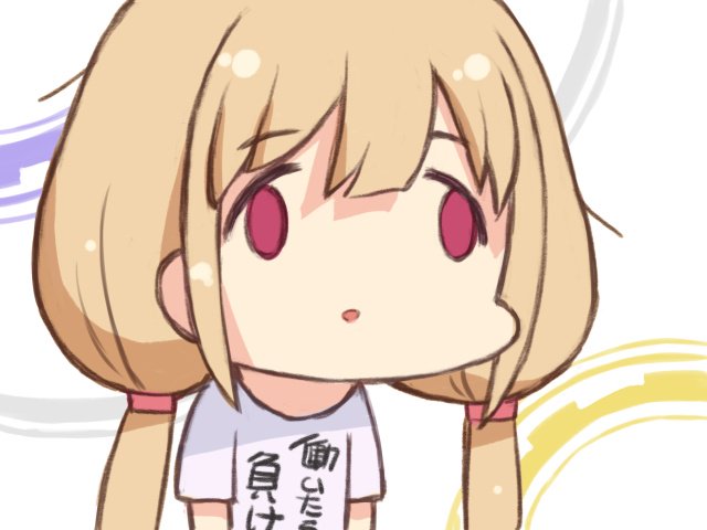 1girl :o bangs blonde_hair clothes_writing cross_eyed eyebrows eyebrows_visible_through_hair face_of_the_people_who_sank_all_their_money_into_the_fx facing_away futaba_anzu gears hair_between_eyes hair_tie idolmaster idolmaster_cinderella_girls idolmaster_cinderella_girls_starlight_stage long_hair low_twintails no_nose no_pupils open_mouth pink_eyes shigatake shirt short_sleeves solo t-shirt tareme twintails upper_body white_shirt you_work_you_lose