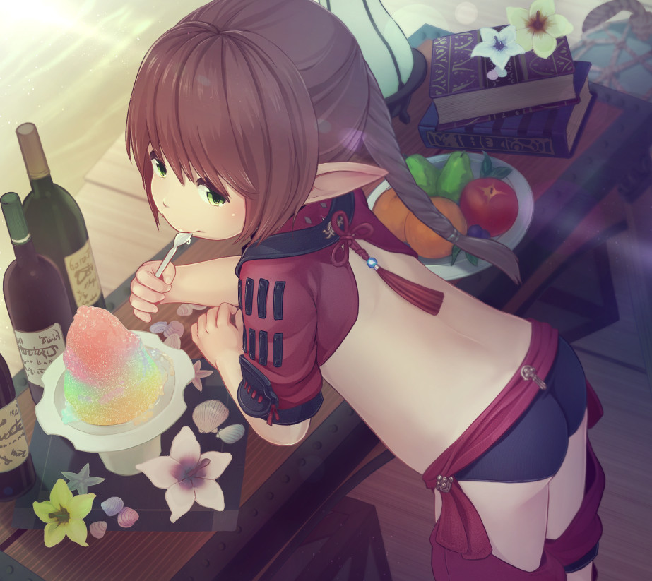 1boy ass bare_back black_panties book bottle braid brown_hair crop_top eating ell final_fantasy final_fantasy_xiv flower food from_behind fruit green_eyes lalafell leaning_forward long_hair looking_back panties plate pointy_ears ponytail slushie solo spoon table underwear wine_bottle