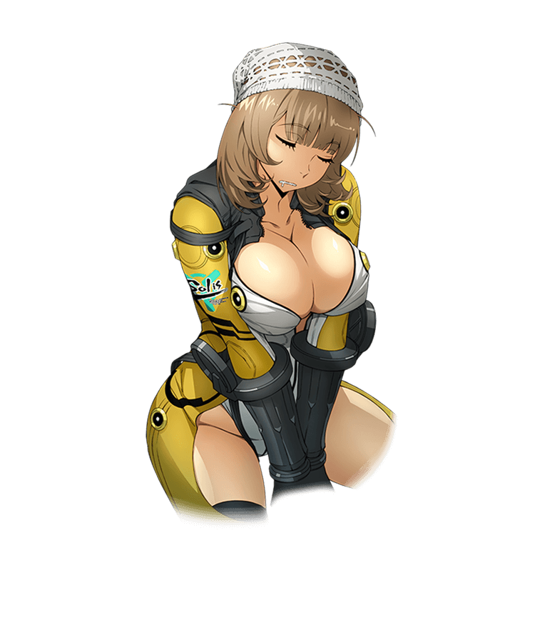1girl breasts brown_hair cleavage closed_eyes cropped_legs drooling eyebrows_visible_through_hair hat large_breasts official_art short_hair solo super_robot_wars super_robot_wars_x-omega transparent_background v_arms watanabe_wataru
