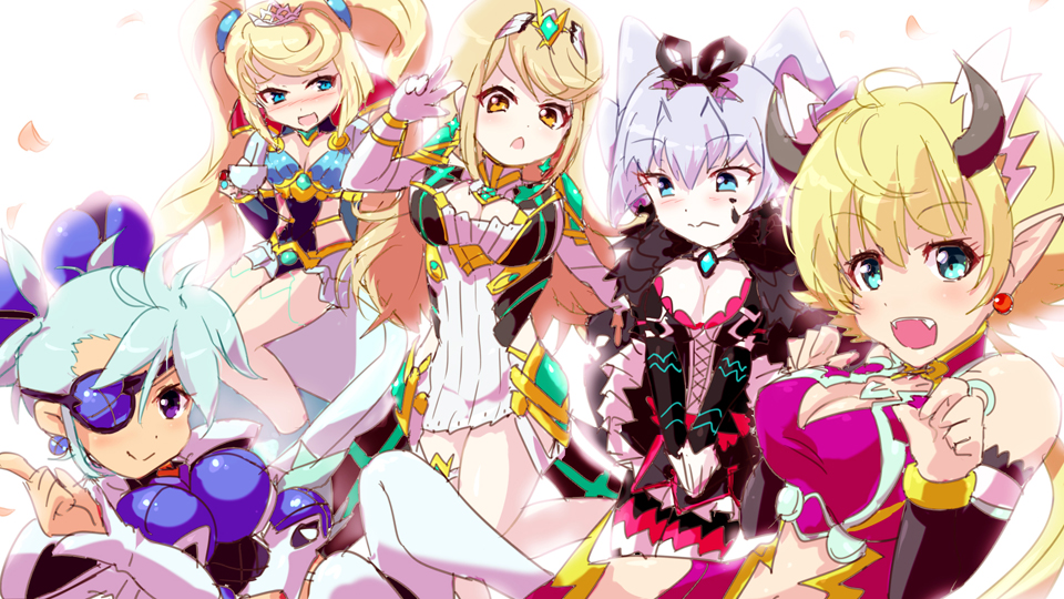 5girls armor artist_request blonde_hair blue_eyes blush breasts cape cleavage dark_skin dress eyepatch gloves large_breasts long_hair mei_(xenoblade) mikumari_(xenoblade) multiple_girls mythra_(xenoblade) polearm rinne_(xenoblade) short_hair simple_background small_breasts smile twintails weapon white_hair xenoblade xenoblade_2 yellow_eyes zakuro_(xenoblade)