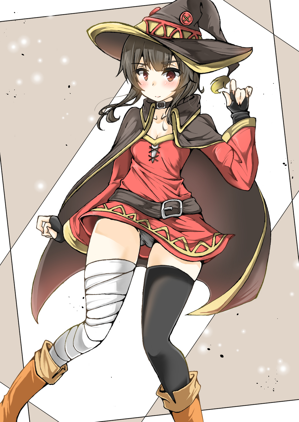 1girl artist_request bandage bandaged_leg belt black_gloves black_hair black_legwear button_eyes cape collar dress fingerless_gloves gloves hat highres kokutou_(kazuakifca) kono_subarashii_sekai_ni_shukufuku_wo! megumin mismatched_legwear red_dress red_eyes short_hair_with_long_locks single_thighhigh solo thigh-highs witch_hat