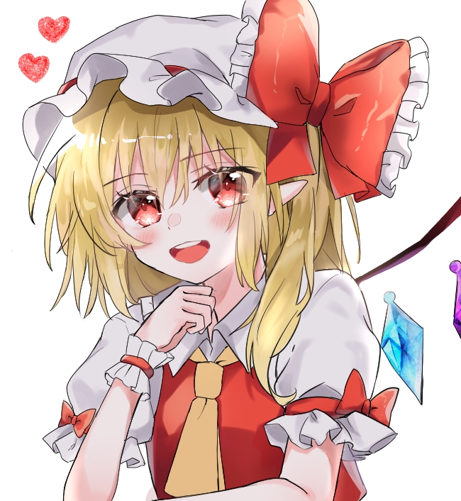 1girl :d ascot bangs blonde_hair blush bow breasts commentary_request crystal eyebrows_visible_through_hair eyes_visible_through_hair flandre_scarlet frilled_bow frilled_shirt_collar frills hair_between_eyes hand_on_own_chin hand_up hat hat_bow heart itigotuki looking_at_viewer mob_cap one_side_up open_mouth pointy_ears puffy_short_sleeves puffy_sleeves red_bow red_eyes short_hair short_sleeves simple_background small_breasts smile solo touhou upper_body upper_teeth white_background white_headwear wings wrist_cuffs yellow_neckwear