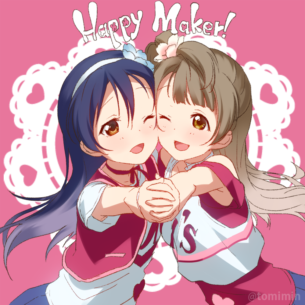 2girls bangs bare_shoulders blue_hair blush cheek-to-cheek choker commentary_request english_text flower grey_hair hair_between_eyes hair_flower hair_ornament hairband hand_holding happy_maker! heart interlocked_fingers long_hair looking_at_viewer love_live! love_live!_school_idol_project minami_kotori multiple_girls object_on_head one_eye_closed one_side_up open_mouth pleated_skirt skirt smile sonoda_umi text tomiwo yellow_eyes
