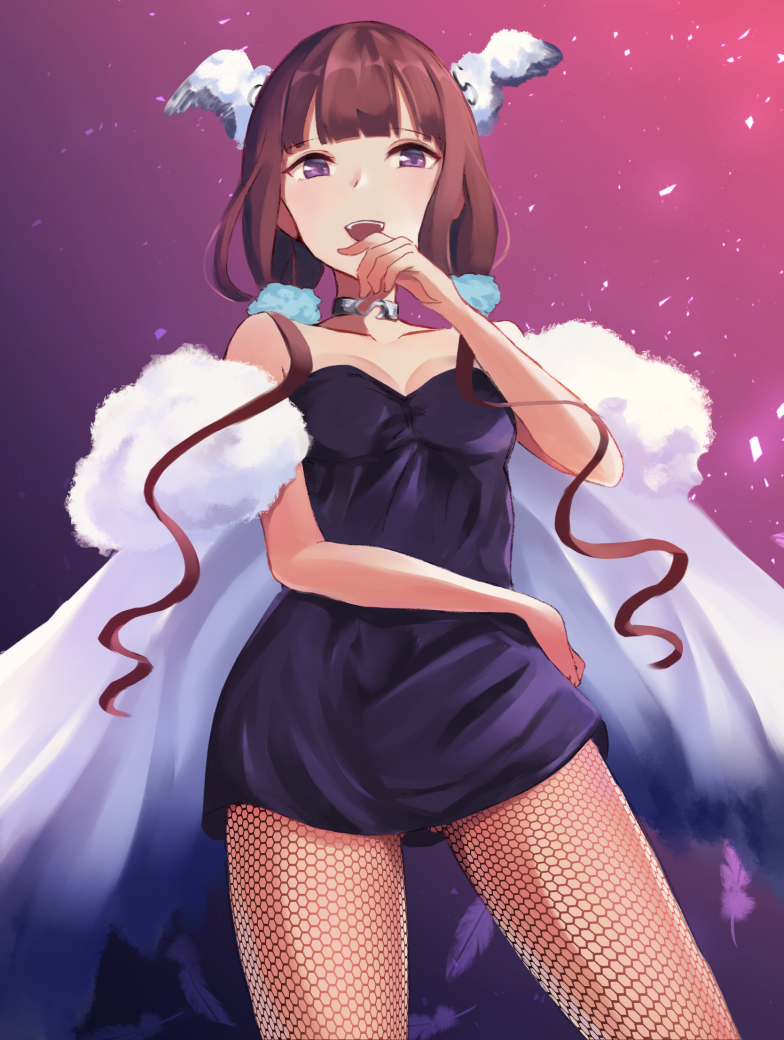 1girl :d black_dress blend_s blush breasts brown_hair choker cleavage collarbone cowboy_shot dress feathers fishnet_pantyhose fishnets gluteal_fold hand_to_own_mouth long_hair looking_at_viewer low_twintails medium_breasts multicolored multicolored_background open_mouth pantyhose pomuramu sakuranomiya_maika smile solo twintails very_long_hair violet_eyes