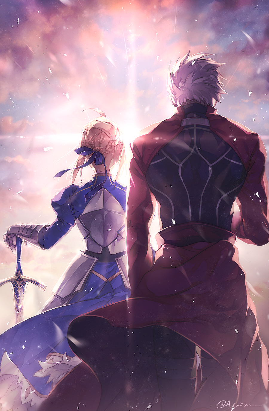 1boy 1girl ahoge archer armor armored_dress artoria_pendragon_(all) back black_pants blonde_hair caliburn facing_away fate/stay_night fate_(series) from_behind gloves highres holding holding_sword holding_weapon jacket light pants red_jacket saber short_hair sunlight sunrise sword weapon white_hair zelovel