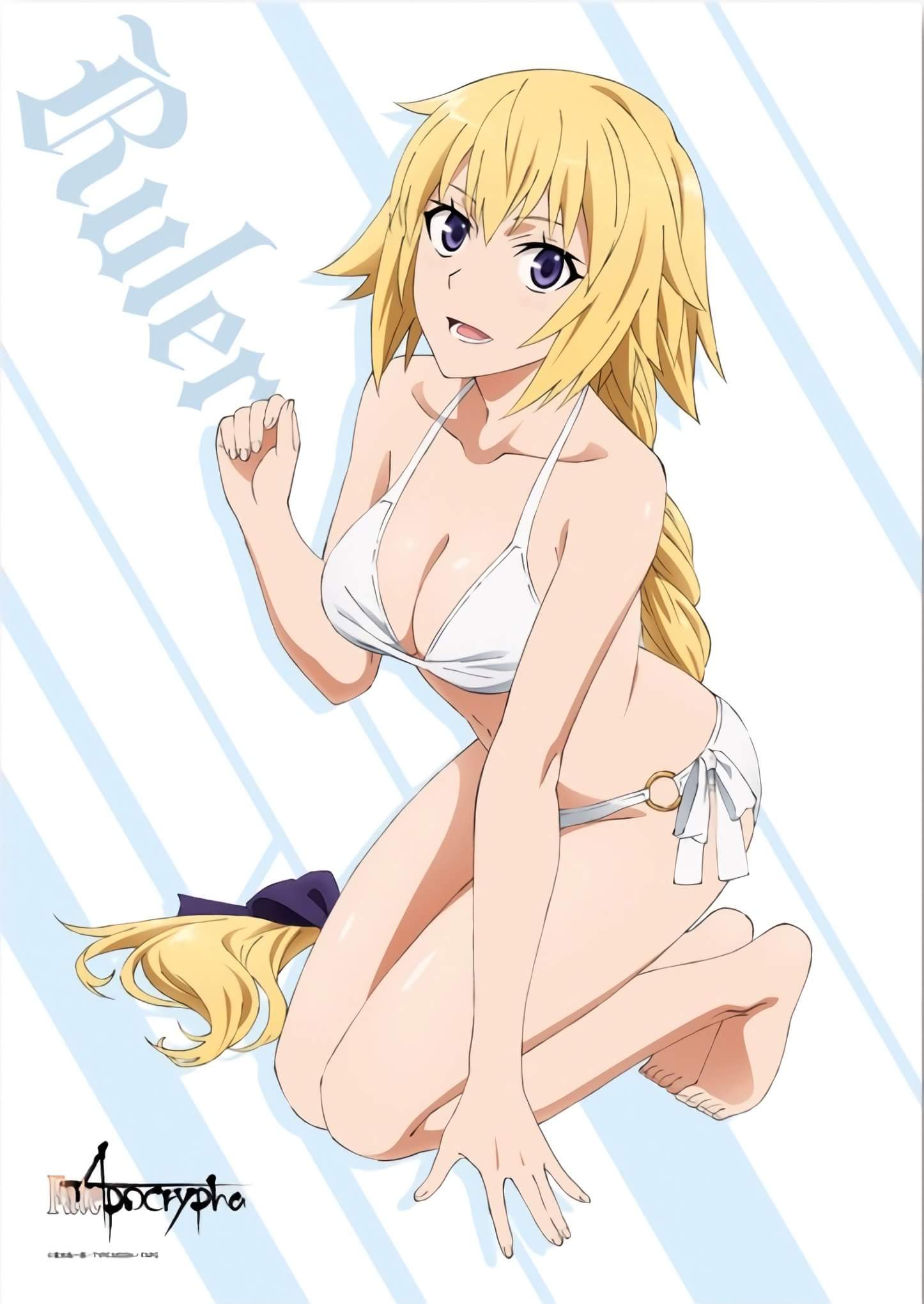 1girl :d a-1_pictures artist_request bangs bare_arms bare_legs bare_shoulders barefoot bikini black_bow blonde_hair blush bow braid breasts character_name cleavage collarbone copyright_name fate/apocrypha fate_(series) full_body hair_bow highres jeanne_d'arc_(fate) jeanne_d'arc_(fate)_(all) legs_together long_hair looking_at_viewer medium_breasts o-ring_bottom official_art open_mouth scan shiny shiny_skin single_braid smile solo swimsuit tareme thighs type-moon very_long_hair violet_eyes white_bikini