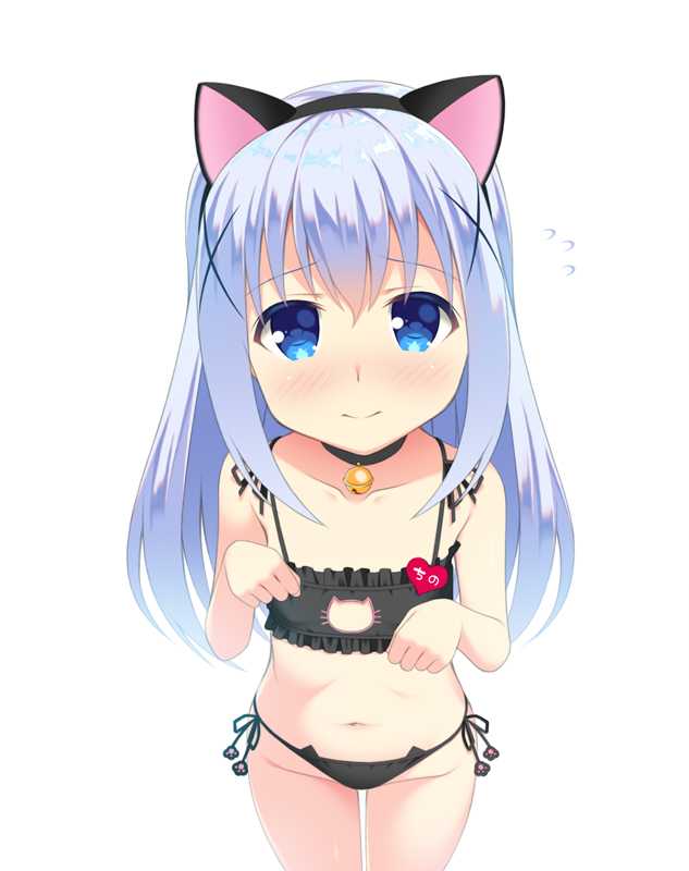 1girl animal_ears bare_shoulders bell bell_collar blue_eyes breasts cat_ears cat_lingerie collar collarbone flying_sweatdrops foreshortening gaou gochuumon_wa_usagi_desu_ka? heart kafuu_chino looking_at_viewer meme_attire panties paw_pose purple_hair side-tie_panties simple_background small_breasts solo standing underwear white_background