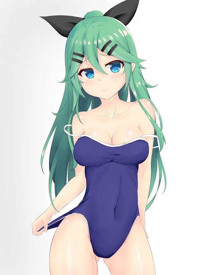 1girl blue_eyes blue_swimsuit closed_mouth collarbone contrapposto covered_navel cowboy_shot gluteal_fold green_hair hair_between_eyes hair_ornament hairclip jpeg_artifacts kantai_collection long_hair one-piece_swimsuit ponytail spaghetti_strap swimsuit swimsuit_pull thighs very_long_hair yamakaze_(kantai_collection) yukikiri