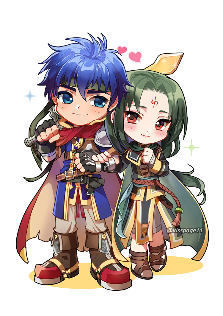 2boys black_hair blue_eyes blue_hair cape chibi facial_mark fire_emblem fire_emblem:_akatsuki_no_megami fire_emblem:_souen_no_kiseki gloves headband ike long_hair looking_at_viewer male_focus multiple_boys ragnell red_eyes sera_(mrvles) short_hair smile soren weapon white_background yaoi