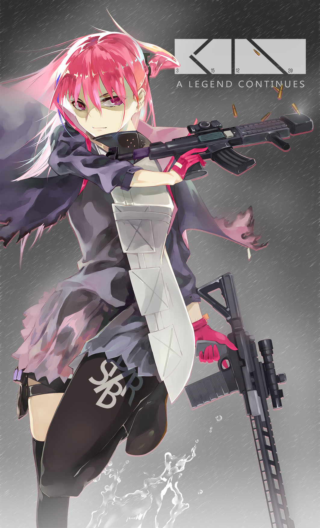 1girl ar-15 armor asymmetrical_legwear bangs black_footwear black_gloves black_legwear bullet closed_mouth dual_wielding eyebrows_visible_through_hair floating_hair girls_frontline gloves gun hair_between_eyes hair_ornament half_gloves handgun highres holding holding_gun holding_weapon holster honey_badger_(gun) jacket long_hair looking_at_viewer magazine mid-stride multicolored_hair nero4 one_leg_raised one_side_up pink_gloves pink_hair rain red_eyes remodel_(girls_frontline) rifle running scarf scope shaded_face shell_casing skirt solo splashing st_ar-15_(girls_frontline) streaked_hair thigh-highs thigh_holster thigh_strap thighs torn_jacket trigger_discipline water weapon wind wind_lift