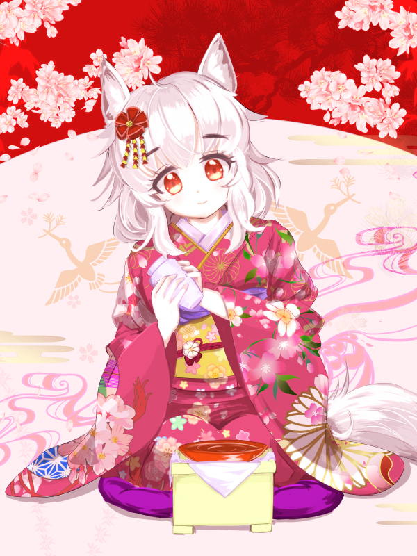 1girl alcohol alternate_costume animal_ears cherry_blossoms commentary_request cup harakune_(mugennero) inubashiri_momiji japanese_clothes kimono obi red_eyes sakazuki sake sash seiza short_hair sitting smile tail touhou white_hair wolf_ears wolf_tail