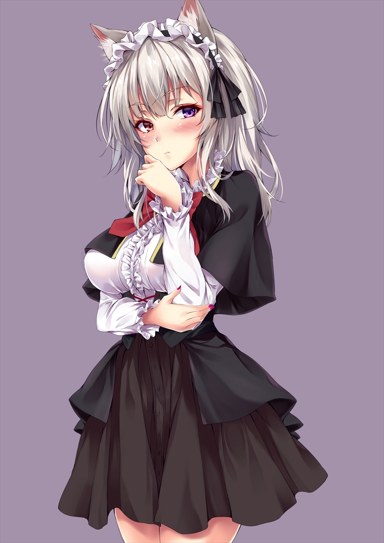 1girl animal_ears bangs black_skirt blush bow bowtie breasts capelet cat_ears center_frills cowboy_shot eyebrows_visible_through_hair frilled_shirt frills hairband hand_on_own_arm hand_on_own_face hand_up high-waist_skirt lolita_hairband long_hair long_sleeves looking_at_viewer marisasu_(marisa0904) medium_breasts nail_polish original purple_background red_bow red_eyes red_neckwear shiny shiny_hair shirt silver_hair simple_background skirt solo standing violet_eyes white_shirt