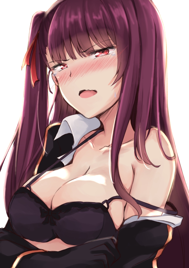 1girl bare_shoulders black_bra black_gloves blush bra breasts collarbone eyebrows_visible_through_hair girls_frontline gloves hair_ribbon hakuya_(white_night) large_breasts long_hair nose_blush off_shoulder one_side_up open_mouth purple_hair red_eyes red_ribbon ribbon solo strap_gap sweatdrop tears underwear undressing upper_body wa2000_(girls_frontline) wavy_mouth