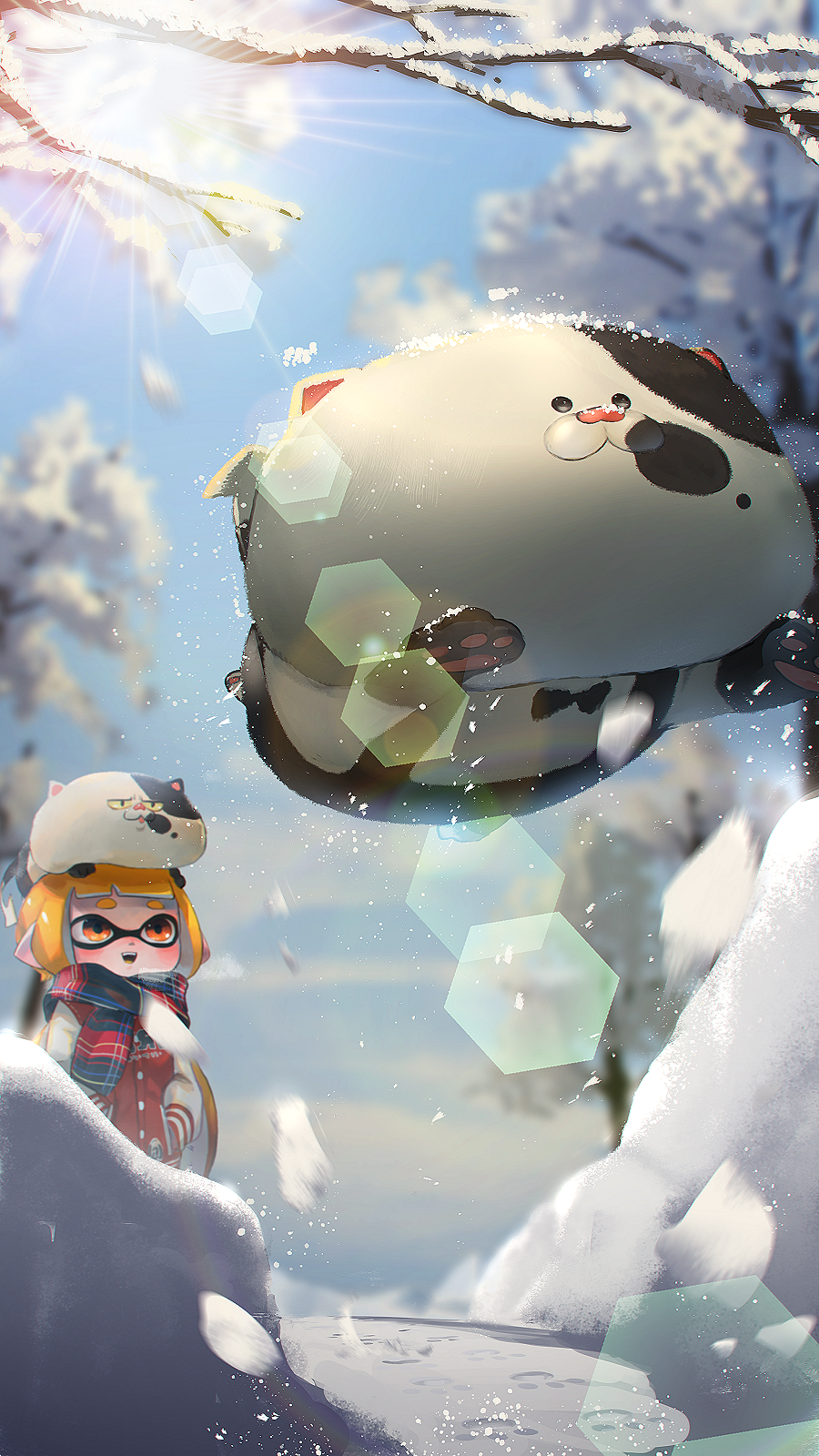 1girl :d animal animal_on_head bangs black_scarf blonde_hair blue_sky blunt_bangs blurry blurry_background branch buttons cat cat_on_head clothes_writing clouds commentary_request day domino_mask enpera hands_in_pockets highres inkling jacket jajji-kun_(splatoon) jumping kashu_(hizake) kojajji-kun_(splatoon) lens_flare letterman_jacket light_rays long_hair long_sleeves looking_at_another looking_away mask monster_girl motion_blur on_head open_mouth orange_eyes outdoors paw_print paws plaid plaid_scarf pointy_ears red_jacket red_scarf scarf short_eyebrows sky smile snow splatoon splatoon_2 standing sun sunlight tentacle_hair thick_eyebrows tree winter
