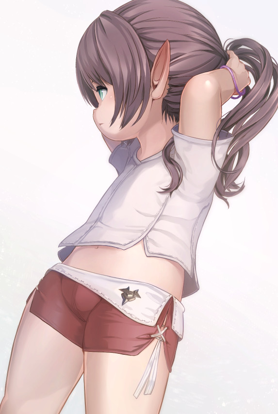 1girl adjusting_hair arms_behind_head arms_up brown_hair brown_shorts ell final_fantasy final_fantasy_xiv green_eyes hair_tie lalafell long_hair midriff navel pointy_ears ponytail shirt short_shorts shorts simple_background solo tying_hair white_background white_shirt