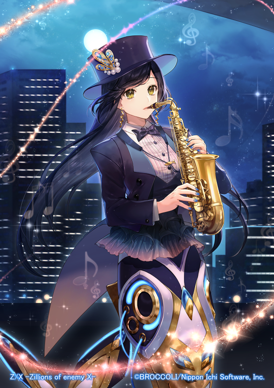 1girl bangs black_hair black_hat black_jacket black_neckwear black_vest blue_nails bow bowtie brown_eyes building character_request closed_mouth clouds cloudy_sky commentary_request copyright_name earrings fingernails formal full_body hat hat_ornament holding holding_instrument instrument jacket jewelry long_hair looking_at_viewer momoshiki_tsubaki music musical_note nail_polish night night_sky official_art outdoors playing_instrument quaver saxophone shirt sky skyscraper solo suit top_hat very_long_hair vest white_shirt z/x