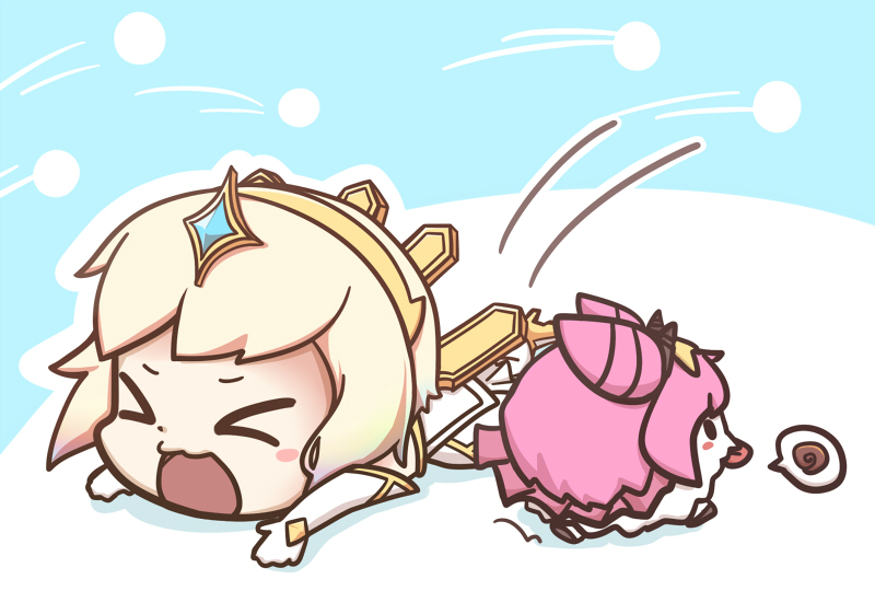 &gt;_&lt; 1girl blush_stickers chibi dress elbow_gloves elementalist_lux fallen_down gloves high_heels league_of_legends light_elementalist_lux luxanna_crownguard open_mouth platinum_blonde poro_(league_of_legends) q483 tagme white_dress white_hair