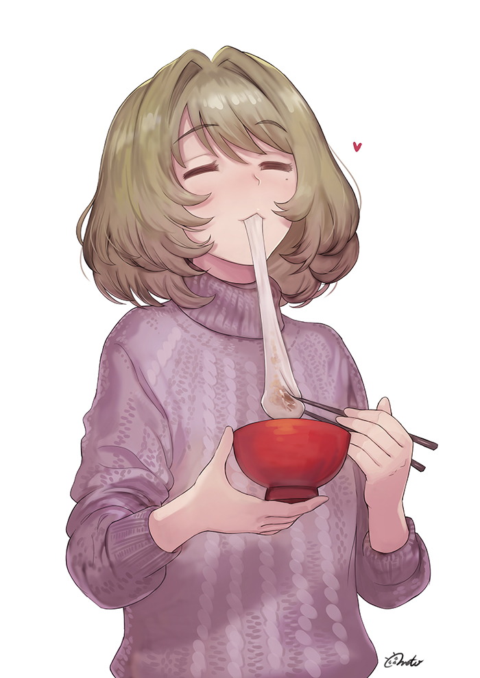 1girl artist_name bowl brown_hair chopsticks closed_eyes commentary_request eating food foodgasm happy idolmaster idolmaster_cinderella_girls meto31 mochi mochi_trail mole mole_under_eye short_hair signature simple_background sleeves_pushed_up solo sweater takagaki_kaede turtleneck turtleneck_sweater upper_body wagashi white_background