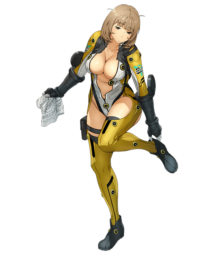 1girl adjusting_footwear bodysuit breasts brown_hair center_opening gloves holding holster katrina_company large_breasts leg_up legs_up messy_hair official_art short_hair solo super_robot_wars super_robot_wars_x-omega thigh_holster watanabe_wataru