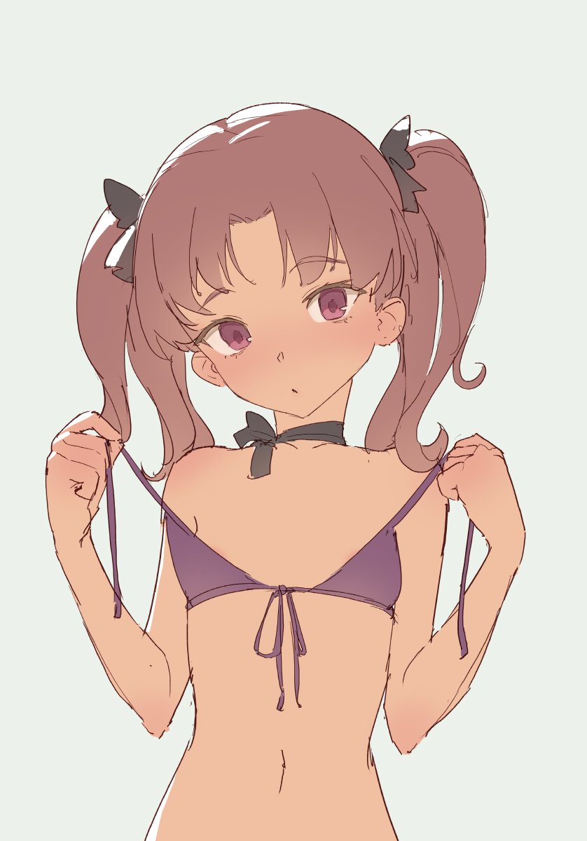 1girl bangs bikini bikini_pull black_choker blush brown_hair choker commentary eyebrows_visible_through_hair flat_chest grey_background hands_up head_tilt highres looking_at_viewer navel pulled_by_self purple_bikini shirai_kuroko simple_background solo swimsuit tim_loechner to_aru_kagaku_no_railgun to_aru_majutsu_no_index twintails undressing upper_body violet_eyes