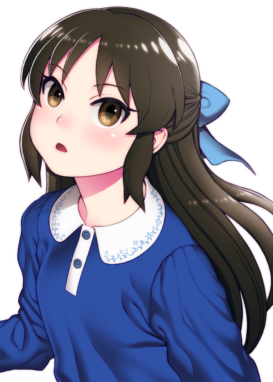 1girl blue_bow blue_shirt blush bow brown_eyes brown_hair collared_shirt commentary_request eyebrows_visible_through_hair graphite_(medium) hair_bow half_updo highres hijiri_rei idolmaster idolmaster_cinderella_girls long_hair looking_at_viewer parted_lips shirt simple_background solo tachibana_arisu traditional_media upper_body white_background white_collar
