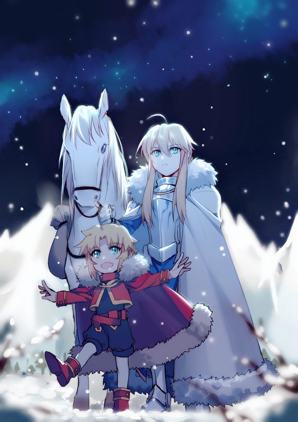 2girls :d animal armor armored_boots bangs black_jumpsuit blonde_hair blue_dress blue_eyes blush boots cape character_request dress eyebrows_visible_through_hair fang fate/grand_order fate_(series) fur-trimmed_cape fur-trimmed_cloak fur_trim gauntlets green_eyes hair_between_eyes highres holding horse jacket long_sleeves mordred_(fate) mordred_(fate)_(all) multiple_girls night open_mouth outdoors outstretched_arms parted_lips red_cape red_footwear red_jacket short_hair_with_long_locks short_jumpsuit smile snowing spread_arms standing standing_on_one_leg walking white_cloak white_horse yorukun