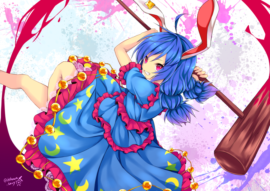 1girl ahoge ambiguous_red_liquid animal_ears bare_legs blue_dress blue_hair chikuwa_savi crescent dress ear_clip frilled_dress frills holding kine long_hair low_twintails mallet parted_lips pink_eyes rabbit_ears seiran_(touhou) short_sleeves solo teeth touhou twintails