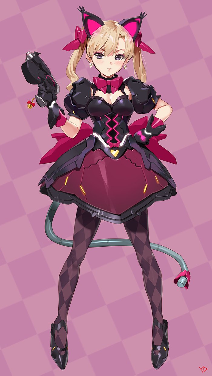 1girl animal_ears argyle argyle_legwear armor armored_dress black_cat_d.va black_dress black_footwear black_gloves blonde_hair blush breasts cat_ears checkered checkered_background cleavage commentary_request d.va_(overwatch) dress earrings eyebrows_visible_through_hair full_body gloves gun hair_between_eyes hand_on_hip handgun high_heels highres holding holding_gun holding_weapon jewelry korean_commentary legs_apart looking_at_viewer medium_breasts overwatch pistol puffy_short_sleeves puffy_sleeves purple_background short_sleeves signature solo standing tail twintails violet_eyes weapon yang-do