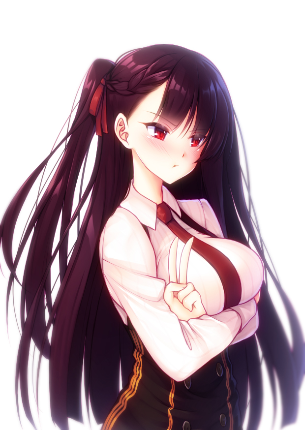 1girl :t blush braid breasts closed_mouth collared_shirt crossed_arms eyebrows_visible_through_hair from_side girls_frontline large_breasts long_hair one_side_up pout purple_hair red_eyes red_neckwear shirt solo v v-shaped_eyebrows very_long_hair wa2000_(girls_frontline) white_background white_shirt wing_collar yun_(outsidey)