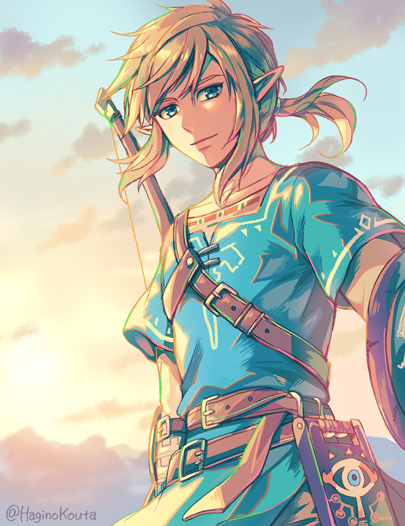 1boy arm_at_side arm_guards bangs belt belt_buckle blue_sky buckle closed_mouth clouds day foreshortening from_below hagino_kouta layered_sleeves link looking_at_viewer looking_down low_ponytail male_focus mountainous_horizon outdoors pointy_ears shiny shiny_hair shoulder_belt sidelocks sky smile solo sunlight swept_bangs the_legend_of_zelda the_legend_of_zelda:_breath_of_the_wild tunic twitter_username upper_body