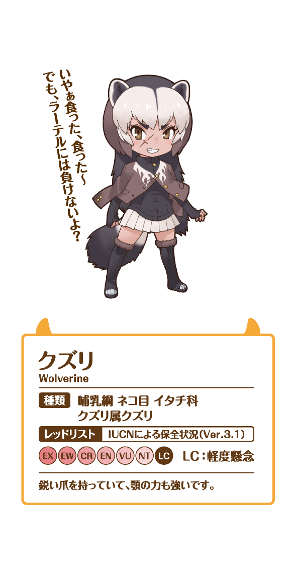 1girl animal_ears black_footwear boots brown_eyes brown_hair buttons character_name fur-trimmed_boots fur_trim grey_hair kemono_friends long_sleeves looking_at_viewer miniskirt multicolored_hair official_art pleated_skirt scar short_hair simple_background skirt solo tail thick_eyebrows thigh-highs white_background white_skirt wolverine_(kemono_friends) yoshizaki_mine zettai_ryouiki