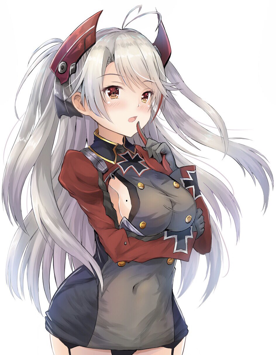 1girl antenna_hair azur_lane blush breasts brown_eyes commentary_request dress garter_straps gloves grey_dress grey_gloves hair_ornament headgear highres iron_cross large_breasts long_hair long_sleeves looking_away mole mole_on_breast parted_lips prinz_eugen_(azur_lane) sideboob silver_hair simple_background solo suzuta_yume two_side_up very_long_hair white_background