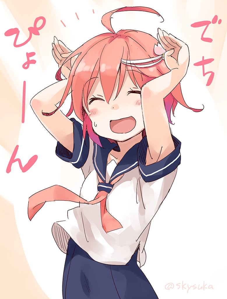 1girl ahoge armpit_peek blue_sailor_collar bunny_ears_prank closed_eyes hair_ornament hands_up i-58_(kantai_collection) kantai_collection necktie open_mouth pink_hair pink_neckwear sailor_collar sailor_shirt school_swimsuit school_uniform serafuku shirt short_hair smile solo suka swimsuit swimsuit_under_clothes upper_body