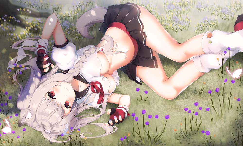 1girl animal_ears azur_lane black_gloves black_skirt blue_nails blush braid breasts butterfly claw_pose closed_mouth crop_top fingerless_gloves flower gloves glowing_butterfly kanora large_breasts long_hair looking_at_viewer loose_socks lying nail_polish navel on_ground on_side pink_nails pleated_skirt puffy_short_sleeves puffy_sleeves red_eyes sailor_collar short_sleeves silver_hair skirt smile socks solo tail two_side_up very_long_hair white_legwear yuudachi_(azur_lane)