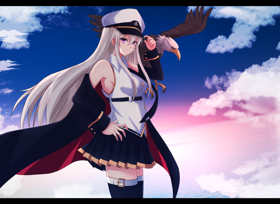 1girl azur_lane bangs bird black_coat blue_sky breasts clouds cloudy_sky cowboy_shot eagle enterprise_(azur_lane) eyebrows_visible_through_hair hat kinohal95 large_breasts long_hair looking_at_viewer miniskirt necktie open_clothes peaked_cap shirt silver_hair skirt sky sleeveless smile solo thigh-highs very_long_hair violet_eyes