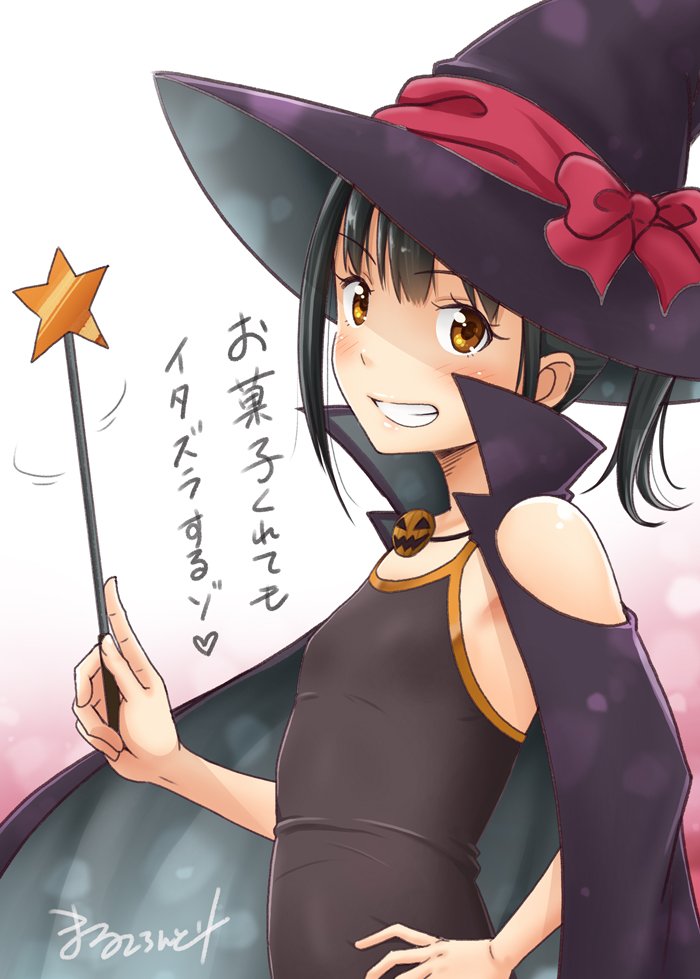 1girl black_cape black_hair black_swimsuit brown_eyes cape casual_one-piece_swimsuit grin halloween hand_on_hip hat long_hair marukorondo one-piece_swimsuit original ponytail smile solo swimsuit upper_body wand witch_hat