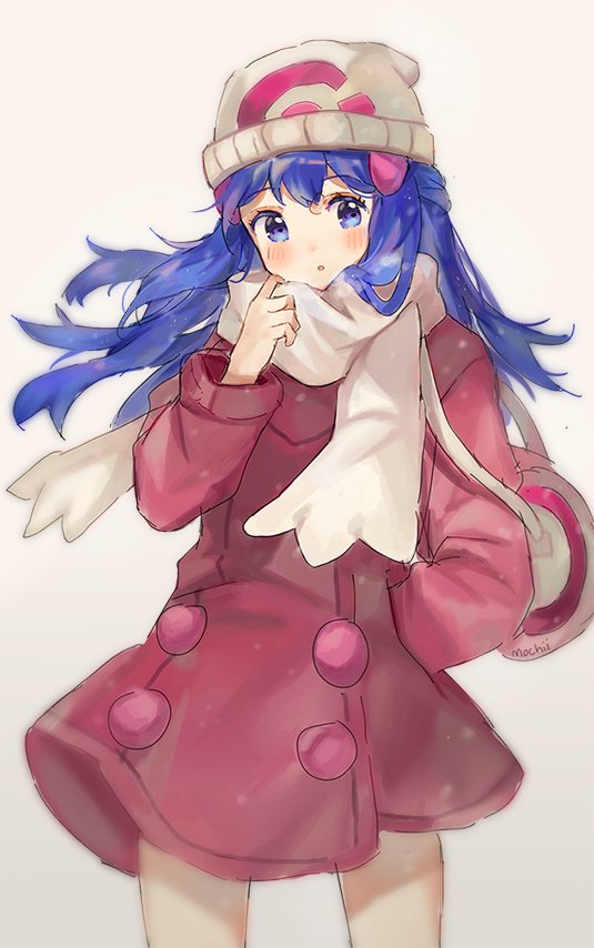 1girl :o beanie blue_eyes blue_hair blush coat commentary_request dawn_(pokemon) eyebrows_visible_through_hair grey_background hand_in_pocket hand_up hat long_hair long_sleeves looking_at_viewer mochii parted_lips pink_coat pokemon pokemon_dppt scarf simple_background solo white_scarf