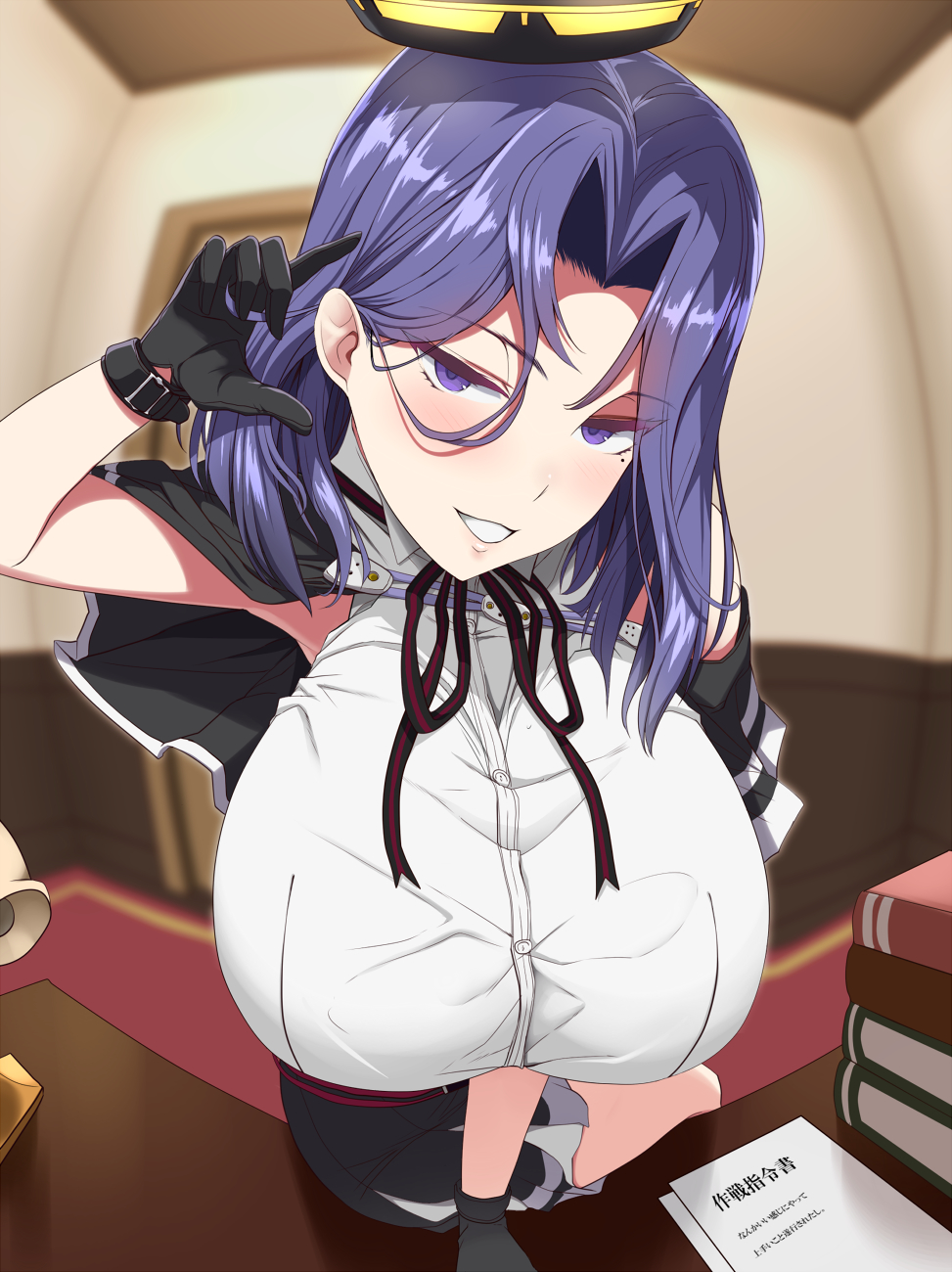 1girl breasts desk fisheye grin highres huge_breasts kantai_collection kloah long_hair looking_at_viewer mechanical_halo mole mole_under_eye naughty_face purple_hair smile solo tatsuta_(kantai_collection) thighs violet_eyes