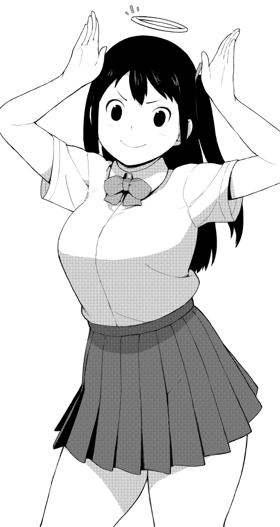 1girl accho_(macchonburike) bangs bow bowtie breasts closed_mouth collared_shirt contrapposto cowboy_shot greyscale halo hands_up large_breasts long_hair looking_at_viewer monochrome original pleated_skirt school_uniform shirt short_sleeves simple_background skirt smile solo standing twintails v-shaped_eyebrows white_background wing_collar