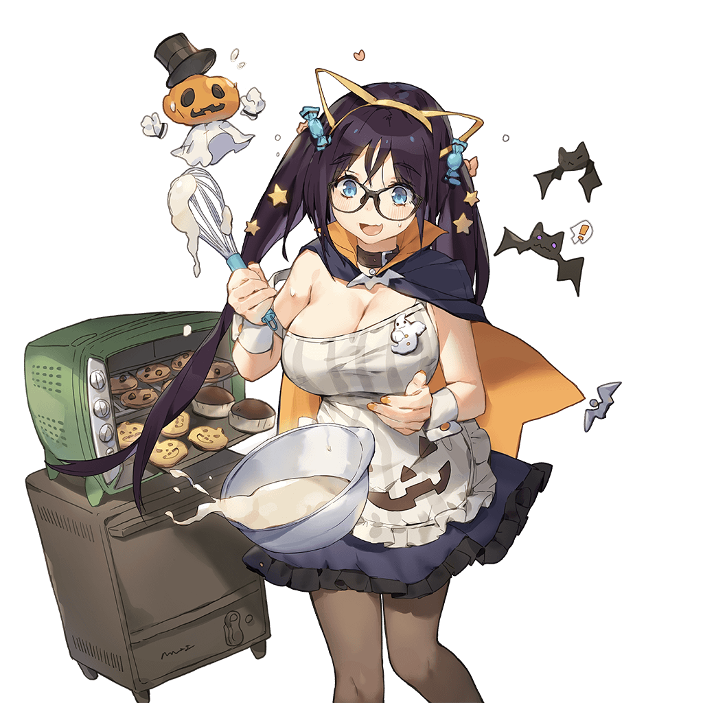 1girl animal_ears apron baking bat black-framed_eyewear black_hair blue_eyes bowl breasts capelet cat_ears cleavage collar cookie dropping fake_animal_ears food hair_ornament holding large_breasts long_hair official_art open_mouth oven skirt solo star star_hair_ornament strap_slip transparent_background twintails uchi_no_hime-sama_ga_ichiban_kawaii whoisshe wrist_cuffs