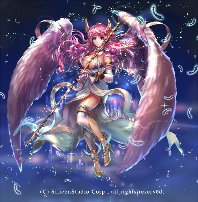 1girl bare_shoulders blue_eyes breasts cleavage company_name fantasy feathered_wings gyakushuu_no_fantasica high_heels large_breasts miyano_akihiro official_art pink_hair solo sparkle staff wings