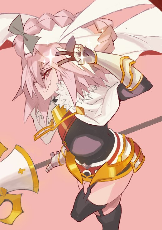 astolfo_(fate) black_legwear braid cape fang fate/apocrypha fate_(series) garter_straps gauntlets holding holding_weapon long_hair looking_at_viewer pink_background pink_hair simple_background smile thigh-highs v weapon yuuki_(irodo_rhythm)