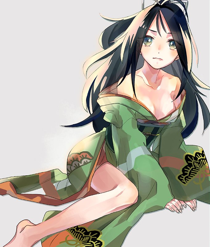 1girl arm_support bare_legs black_hair blush breasts closed_mouth clothes_down collarbone fingernails furisode green_eyes green_kimono grey_background hair_ribbon high_ponytail japanese_clothes kantai_collection katsuragi_(kantai_collection) kimono long_hair long_sleeves looking_at_viewer obi off_shoulder ribbon sash simple_background solo sunagimo_(sandliver) wavy_mouth white_ribbon wide_sleeves