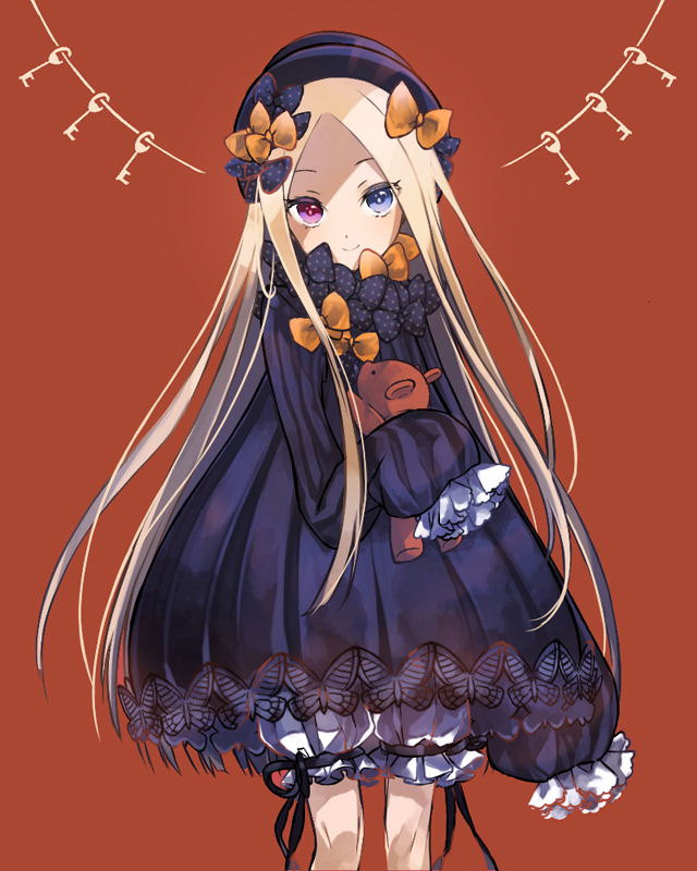 1girl abigail_williams_(fate/grand_order) bangs black_bow black_dress black_hat blonde_hair bloomers blue_eyes bow brown_background butterfly closed_mouth commentary_request cowboy_shot dress fate/grand_order fate_(series) forehead hair_bow hat heterochromia key long_hair long_sleeves looking_at_viewer ml_(xjtn3257) object_hug orange_bow parted_bangs polka_dot polka_dot_bow sleeves_past_fingers sleeves_past_wrists smile solo stuffed_animal stuffed_toy teddy_bear underwear very_long_hair violet_eyes white_bloomers