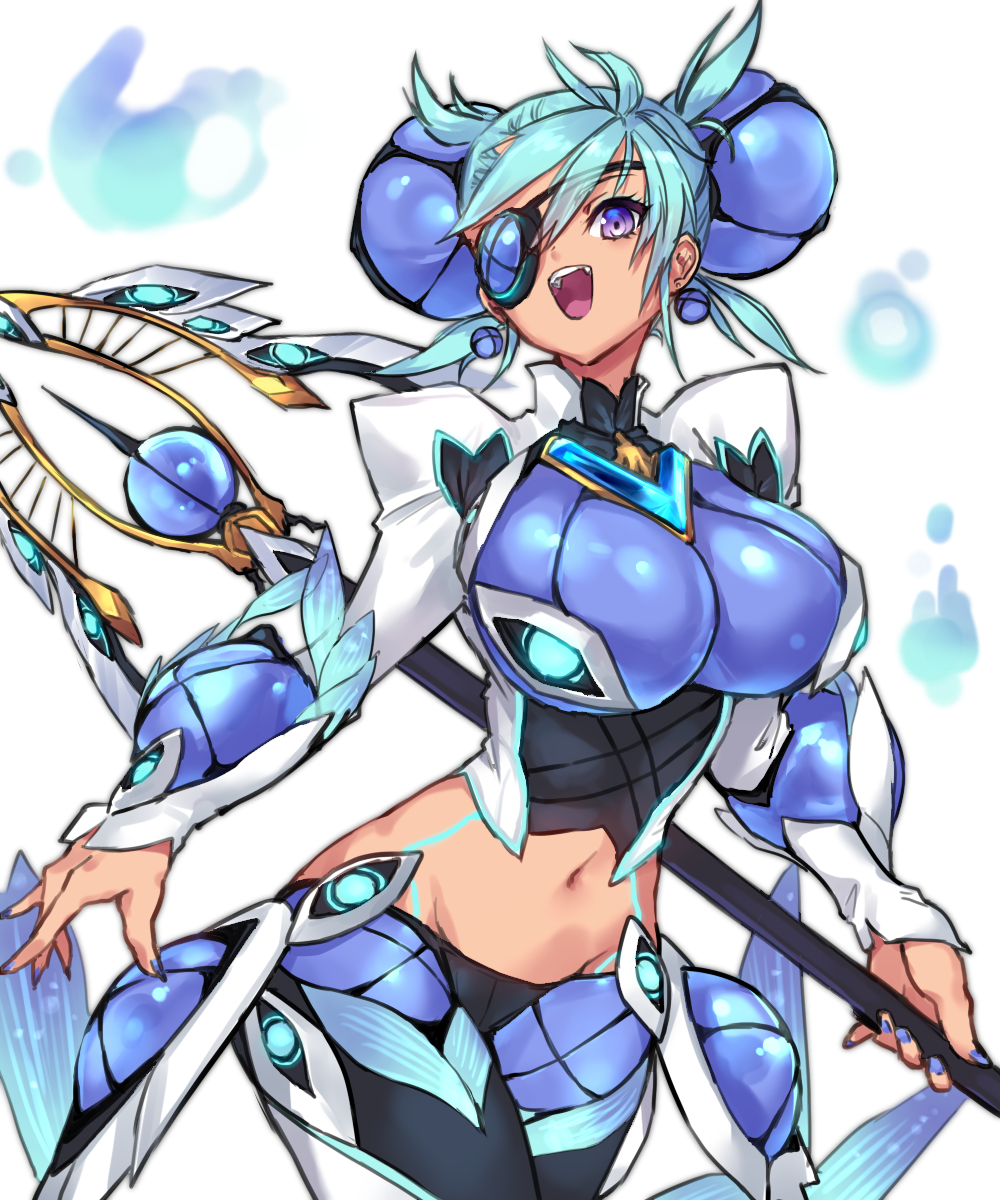 1girl armor blush breasts commentary_request dark_skin eyepatch highres huge_breasts long_hair looking_at_viewer midriff mikumari_(xenoblade) nail_polish navel negresco open_mouth pauldrons polearm simple_background smile solo teeth vambraces violet_eyes weapon white_background xenoblade xenoblade_2